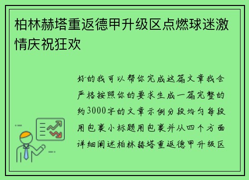 柏林赫塔重返德甲升级区点燃球迷激情庆祝狂欢